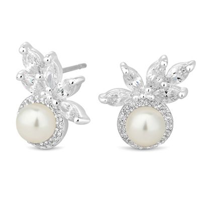 Silver pearl and leaf cluster earring